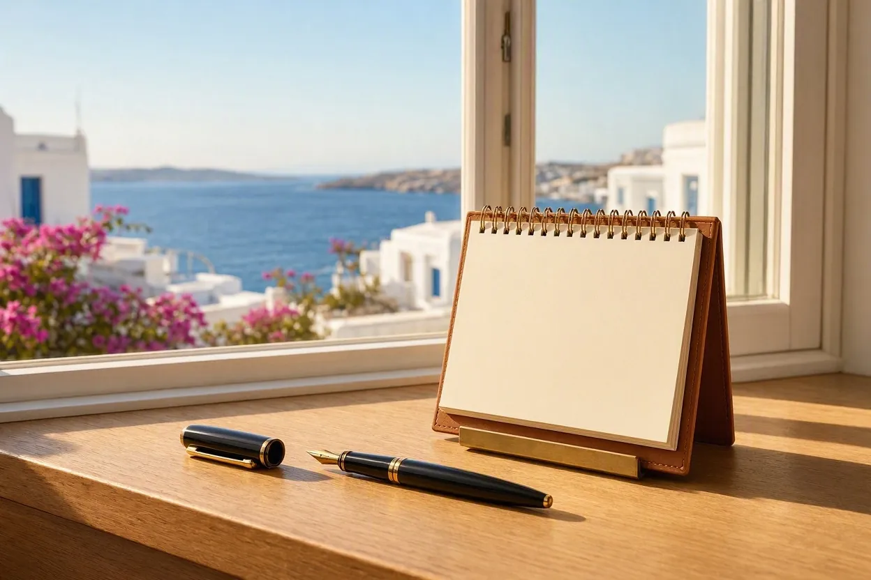 Elegant desk calendar and fountain pen with a view of Mykonos