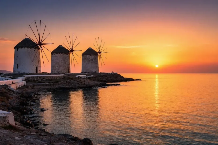 Ανεμόμυλοι της Μυκόνου το ηλιοβασίλεμα - escorts στη Μύκονο οδηγός