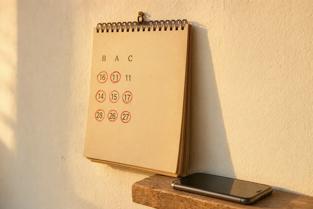 Vintage calendar with summer weekend dates circled next to a smartphone