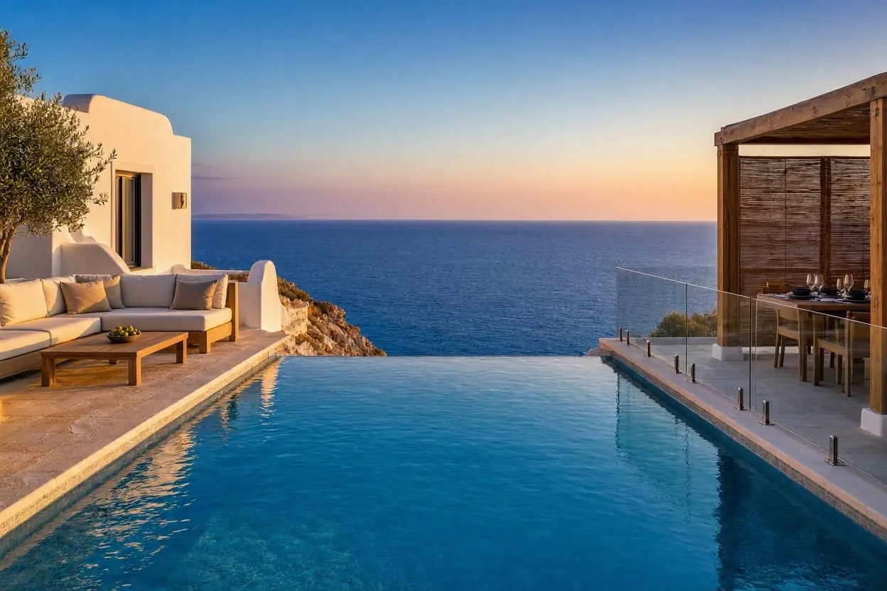 Infinity pool of a luxury villa overlooking the Aegean Sea at sunset