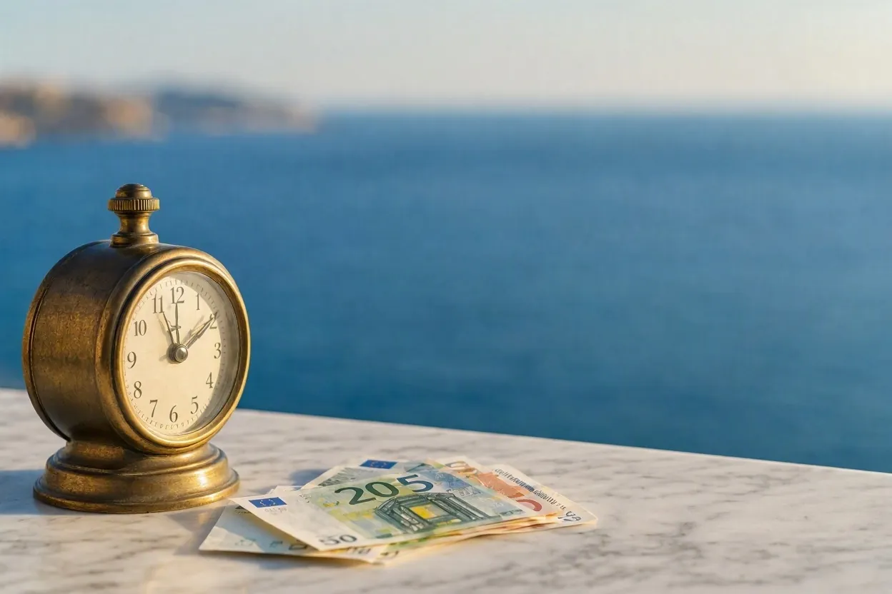 Ρολόι και χαρτονομίσματα ευρώ με θέα στο Αιγαίο