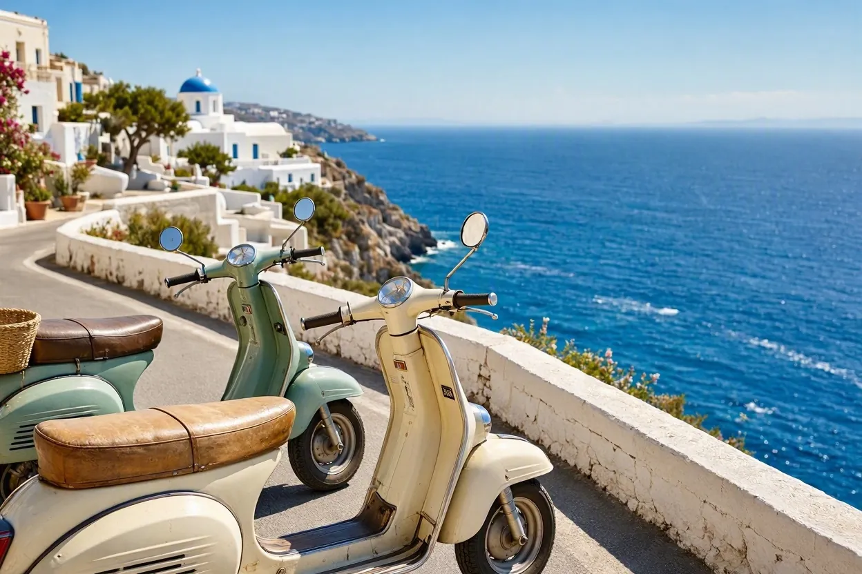 Two vintage scooters on a scenic cliffside road in Mykonos
