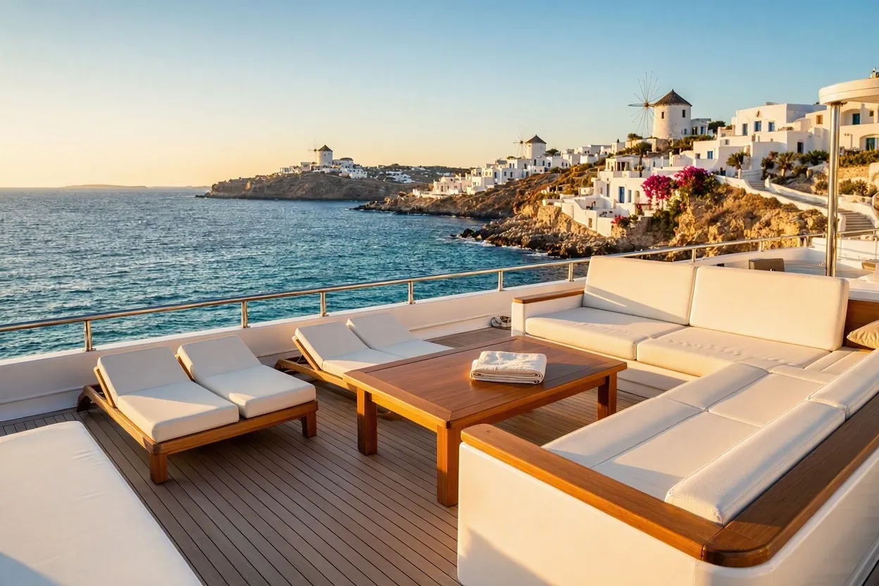 Elegant yacht deck sailing near the Mykonos coastline at golden hour