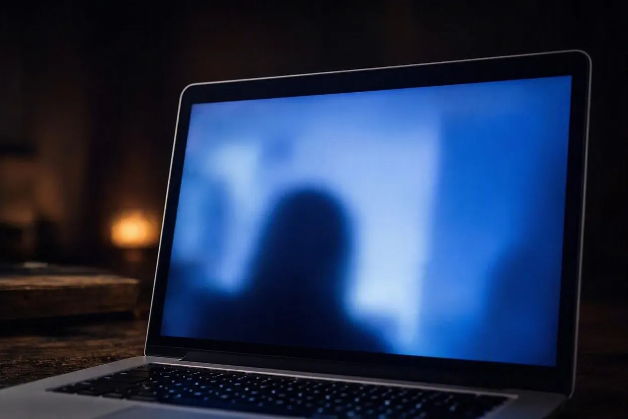 Laptop screen in a dark room signaling a content safety warning