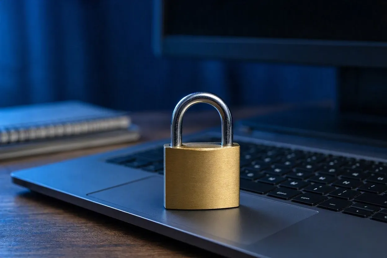 Padlock on a laptop keyboard symbolizing online privacy risk
