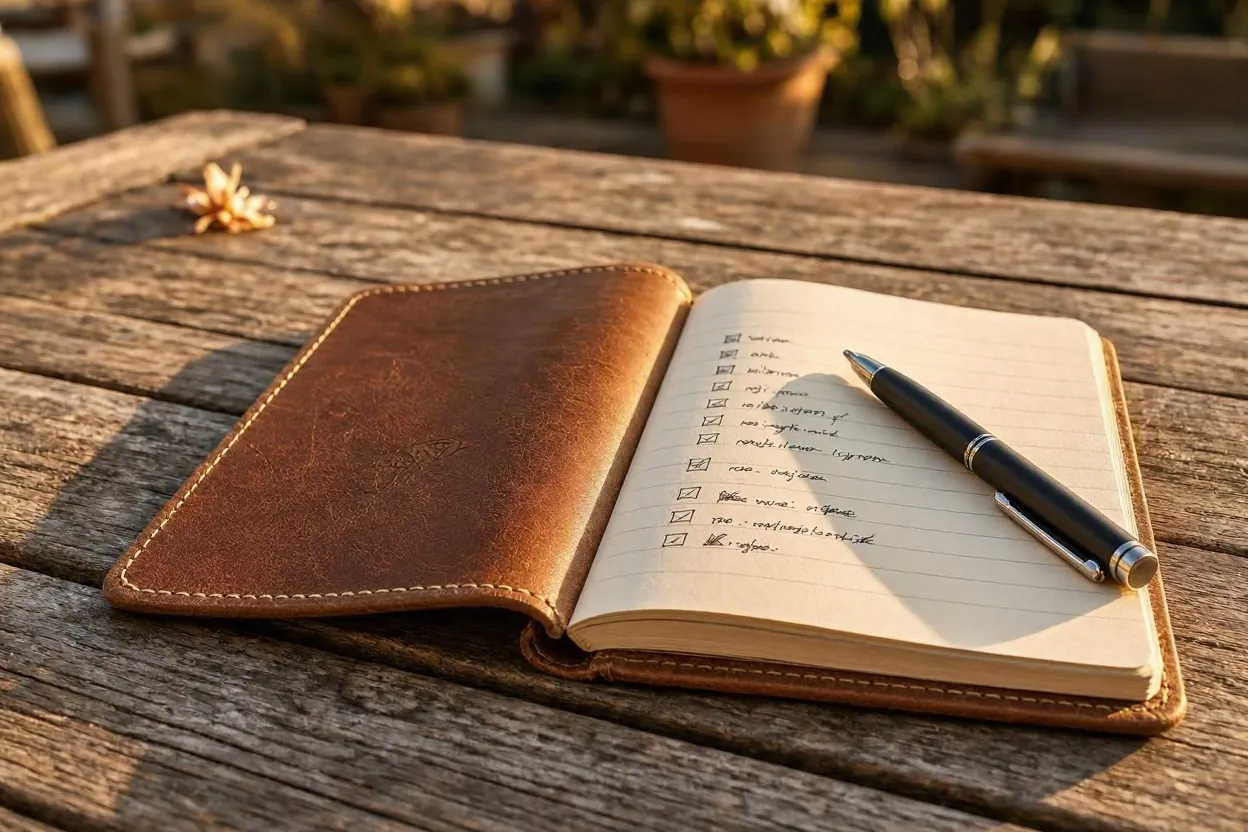 Leather notepad with a handwritten checklist and pen on a sunlit table