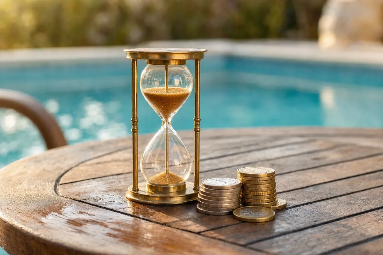 Brass hourglass and stacked euro coins on a poolside table