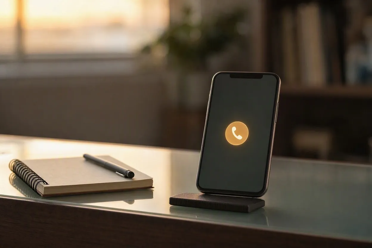 Smartphone on a desk showing a glowing phone call icon next to a notepad