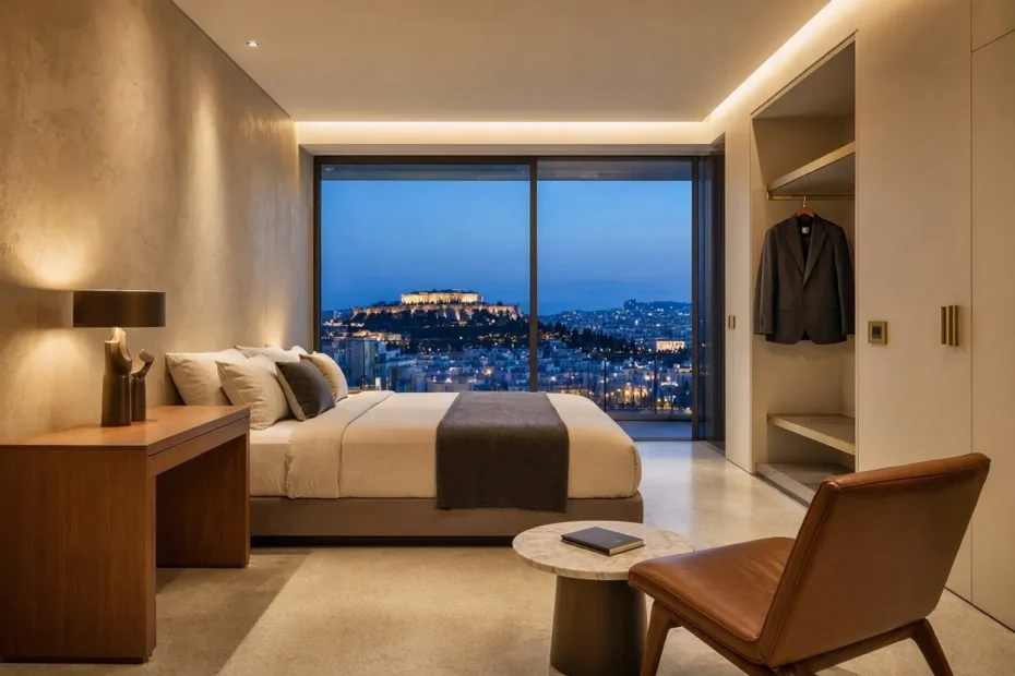 Elegant luxury hotel suite in Athens at dusk with city view