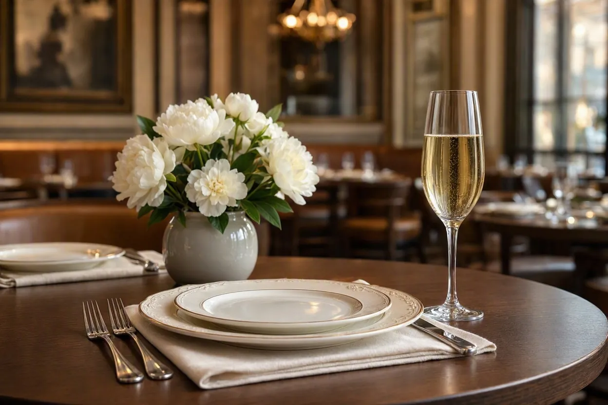 Elegant table setting with champagne and fresh white flowers
