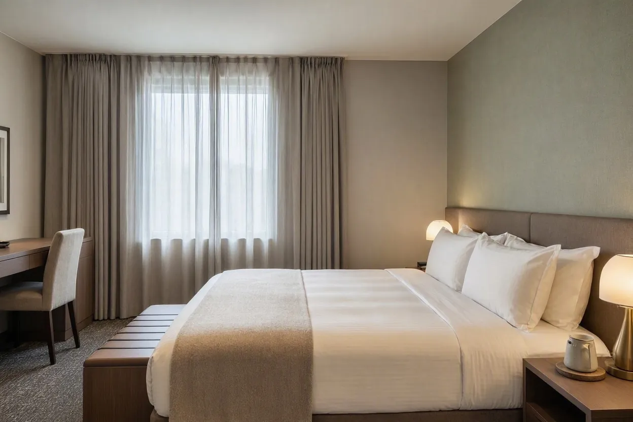 Quiet clean hotel room interior with a made bed and soft daylight