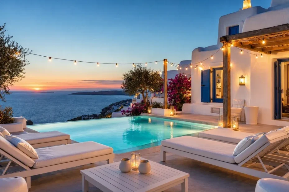 Luxury Mykonos villa pool party at sunset - private party Mykonos guide
