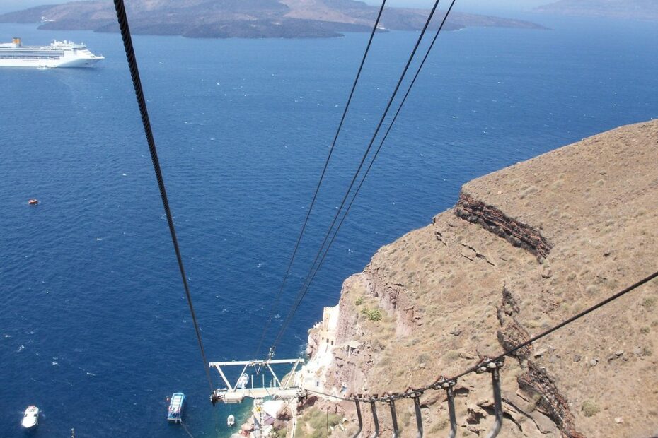 Cable car line running down to the old port of Santorini