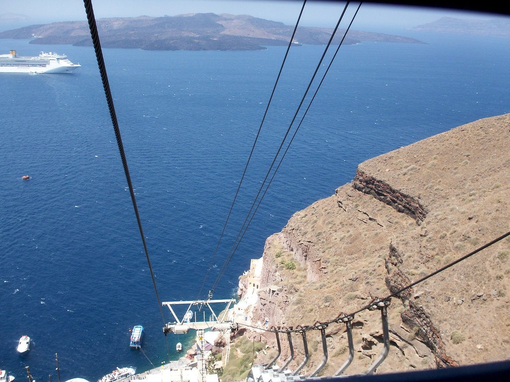 Cable car line running down to the old port of Santorini