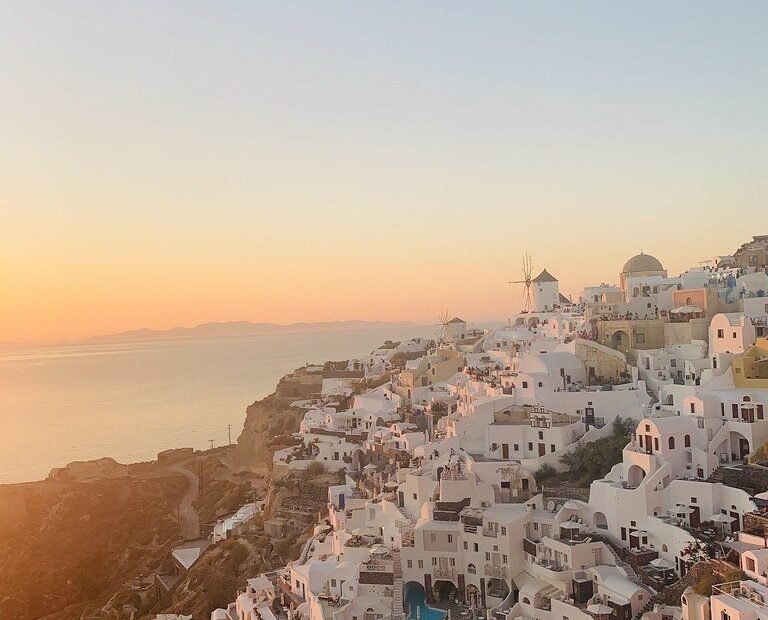 Panorama of Oia on Santorini at dusk