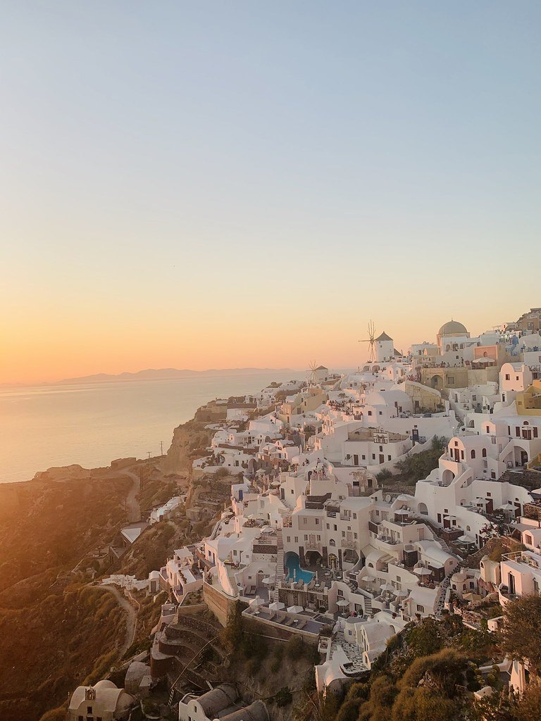 Panorama of Oia on Santorini at dusk