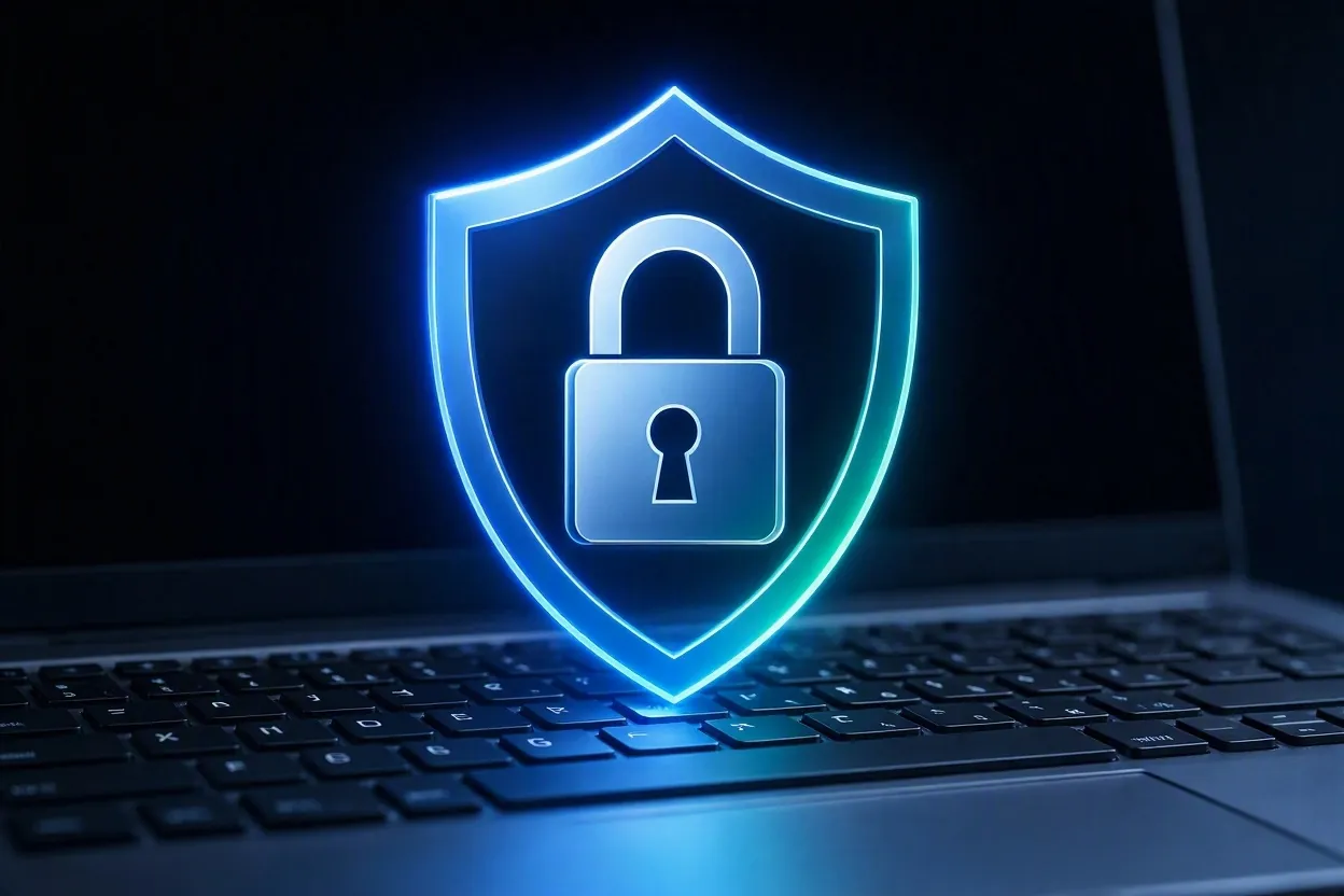 Digital padlock shield icon glowing over a laptop keyboard