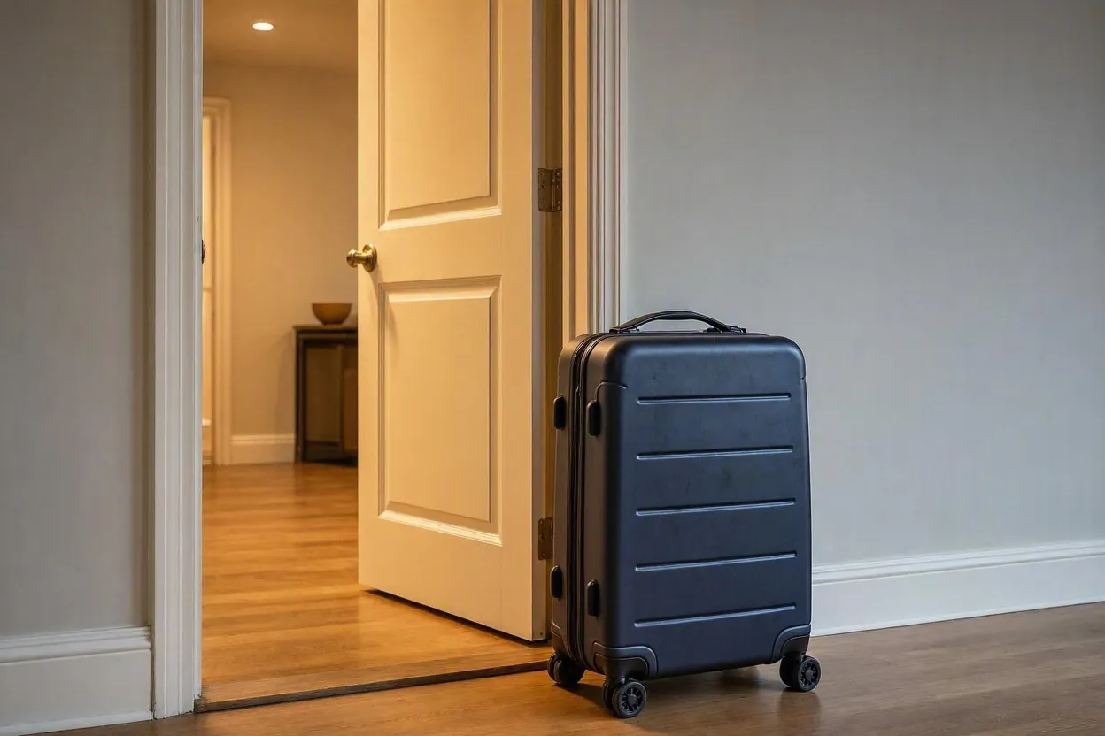 Travel suitcase standing next to an open apartment door in a softly lit hallway