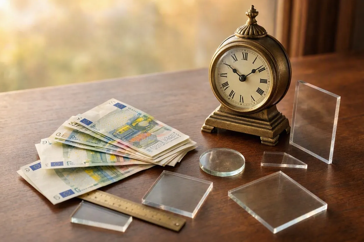 Ρολόι και χαρτονομίσματα ευρώ σε ξύλινο γραφείο