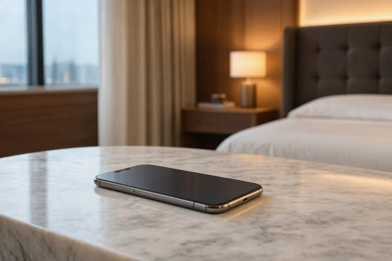 Smartphone in a discreet hotel room setting for a verified escort alternative