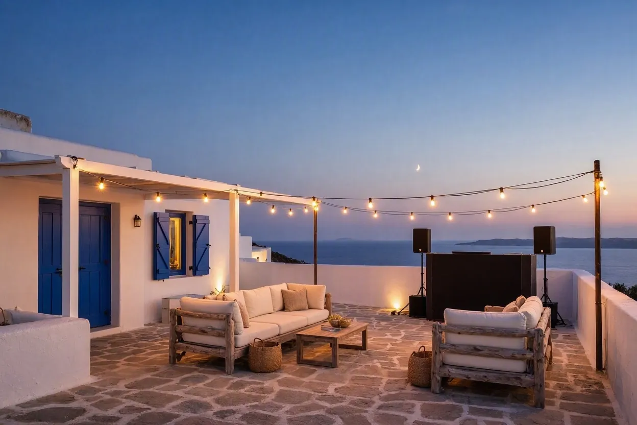 White Mykonos villa terrace set up for an evening party with string lights