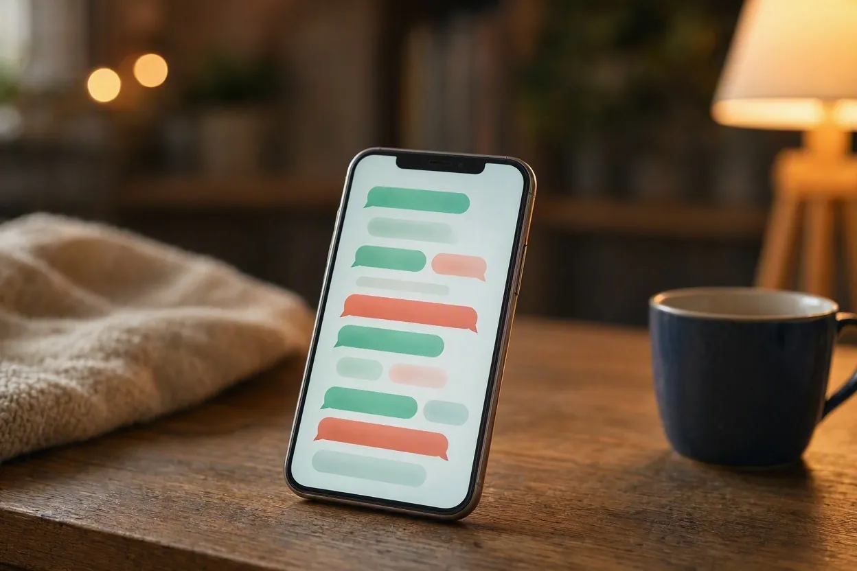 Smartphone με φούσκες μηνυμάτων συνομιλίας σε σκοτεινό δωμάτιο