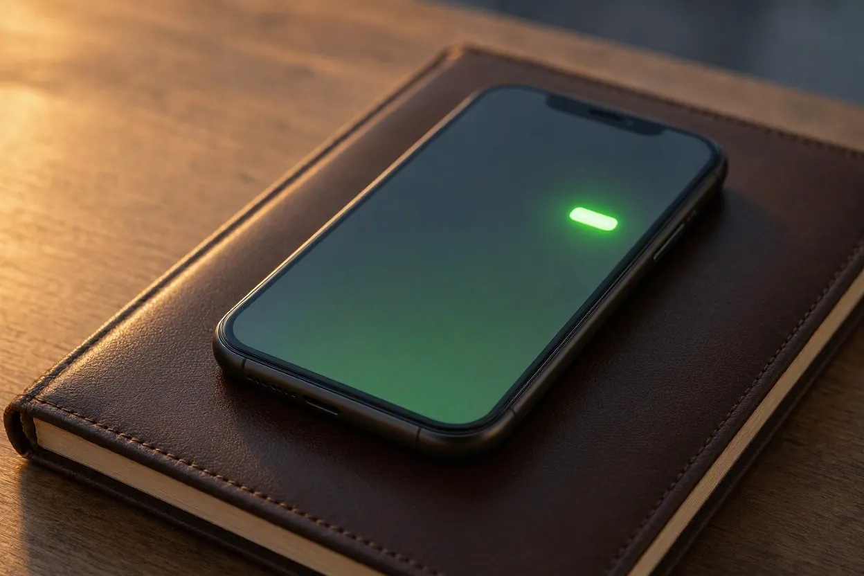 Smartphone με ειδοποίηση μηνύματος σε δερμάτινο τετράδιο