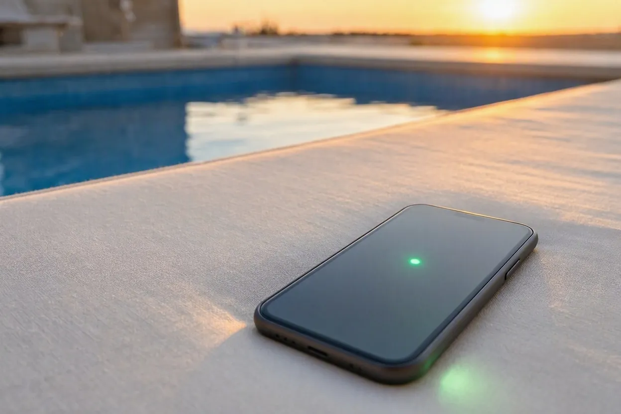 Smartphone with a glowing message notification on a poolside sunbed
